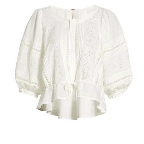 Free People White Eyelet Embroidered Puff Sleeve babydoll Top Blouse Size Small - Picture 2 of 7